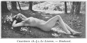 Black and White Photo of a Painting Depicting a Nude Woman Reclining in a Forest Near a Patch of Flowers with Trees and a Shallow Waterfall in the Background